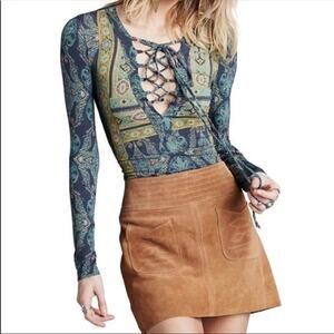 NWT Free People Aloha boho lace up long sleeve blouse